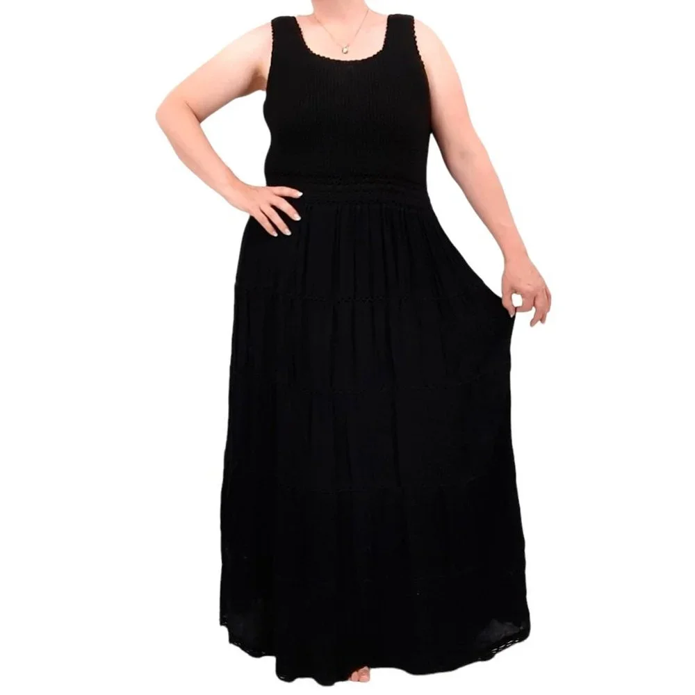 VTG 90s Mix Nouveau NY Black Cotton Crochet Crepe Rayon Maxi Tank Dress Boho L